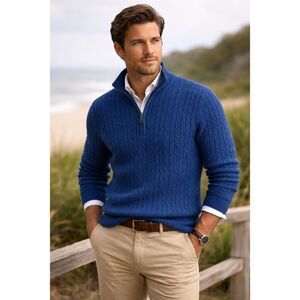 Izod Mens Blue Long Sleeve Cotton Cable Knit Quarter Zip Pullover Sweater Large